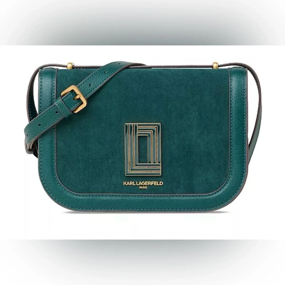 Karl Lagerfeld Paris Simone Crossbody Bag in Green Jewel Leather and Suede - Picture 1 of 14